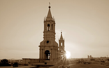 Fantastic Sunbeam Shining Through the Bell Tower of Basilica Cathedral of Arequipa, Historical...