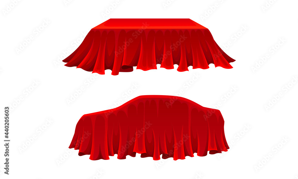 Poster red silk cloth or smooth fabric covering different objects vector set