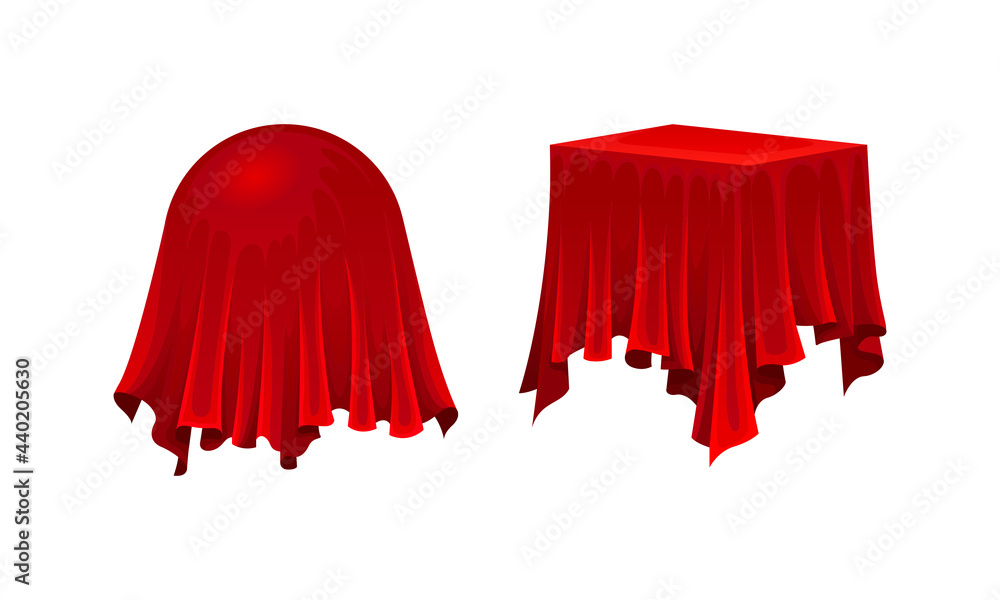 Poster red silk cloth or smooth fabric covering different objects vector set