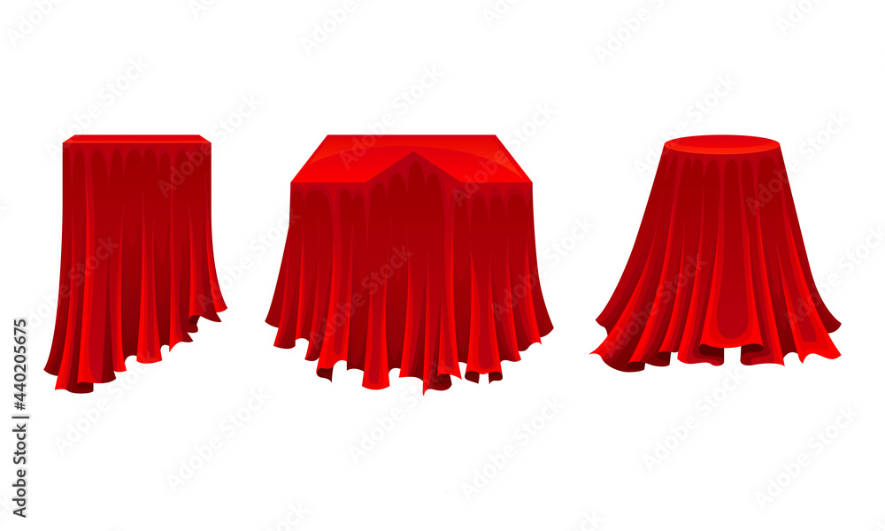 Poster red silk cloth or smooth fabric covering different objects vector set