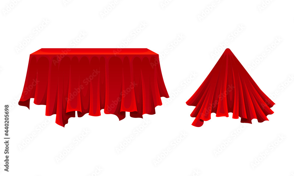 Poster red silk cloth or smooth fabric covering different objects vector set