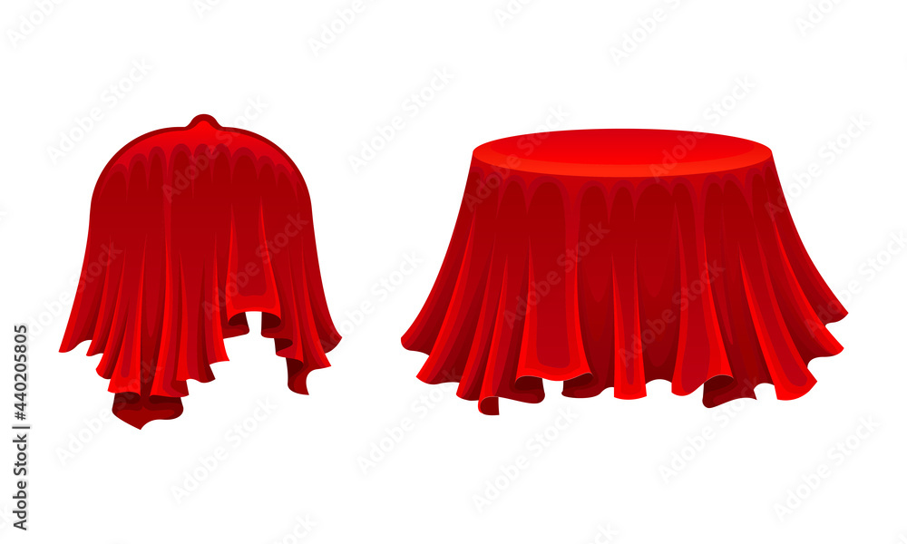 Poster red silk cloth or smooth fabric covering different objects vector set