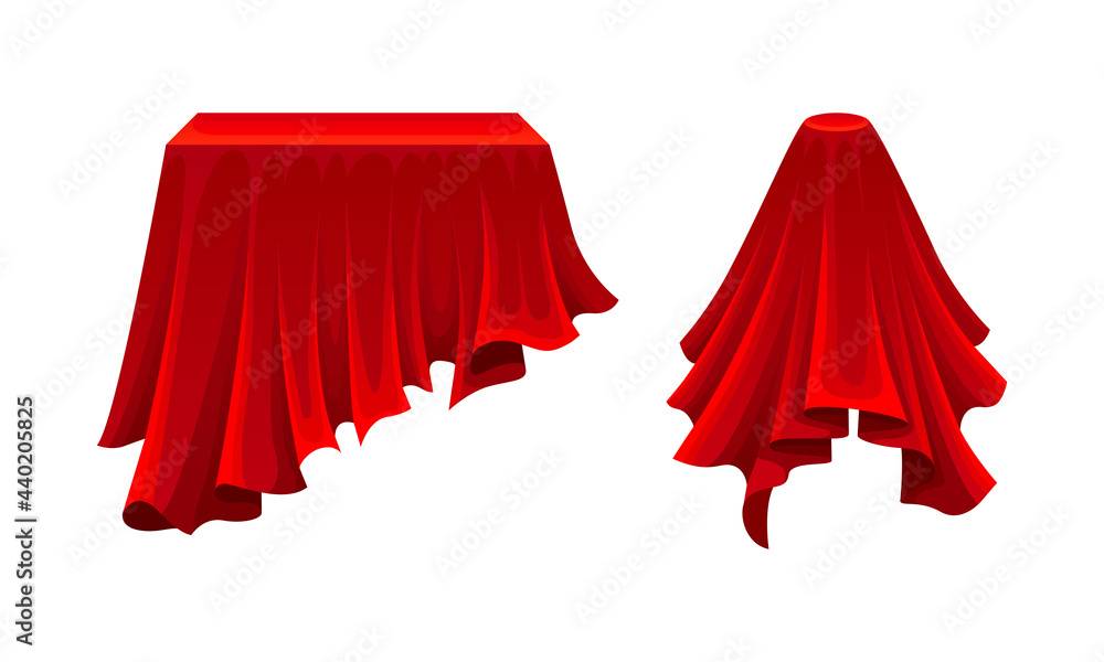 Poster red silk cloth or smooth fabric covering different objects vector set