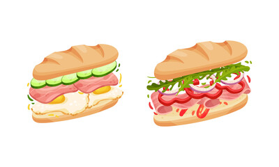 Sandwich with Ingredient Layers Between Bread Slices Vector Set