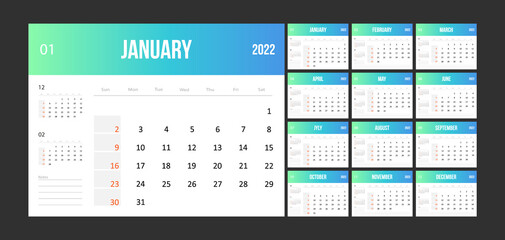 2022 calendar template. Colorful business planner in minimalist style. Week starts from Sunday. Flat vector illustration.