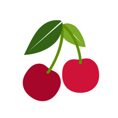 Two cherrys flat design vector illustration with green leaves
