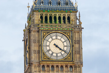 Big Ben clock face closeup view. London. England