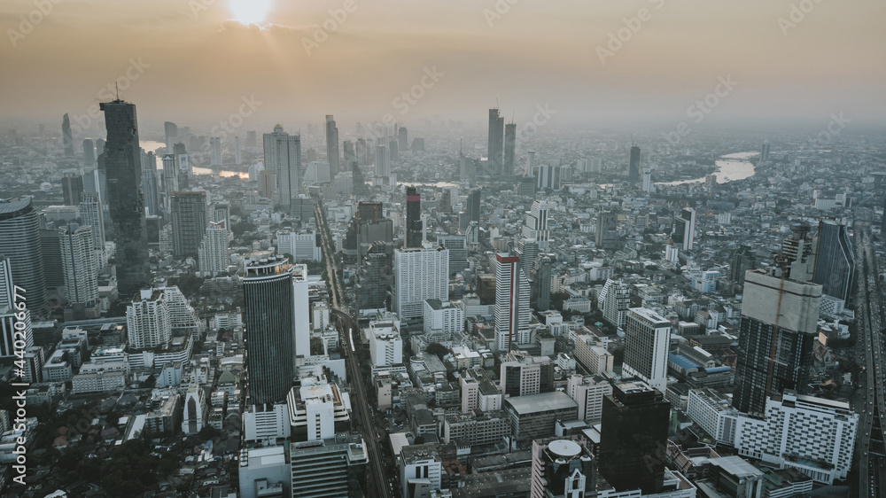 Sticker aerial photograph of bangkok, capital city of thailand with visible air pollution.