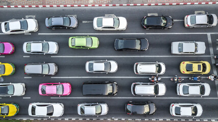 Aerial drone photograph of traffic jam in metropolis city.