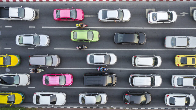 Aerial drone photograph of traffic jam in metropolis city.