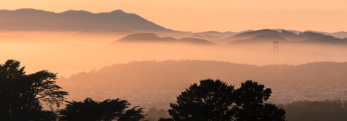 Panoramic views of the Golden Gate Bridge, Marin Headlands, and Mt Tam via Twin Peaks. San...