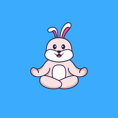 Cute rabbit is meditating or doing yoga. Animal cartoon concept isolated. Can used for t-shirt, greeting card, invitation card or mascot. Flat Cartoon Style