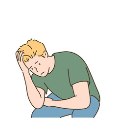  A man is holding his head with a puzzled expression on his face. hand drawn style vector design illustrations.
