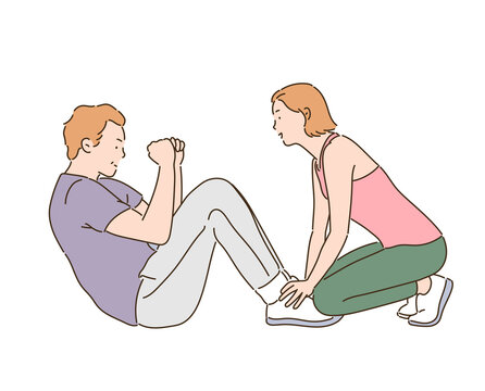 A man is doing sit-ups and a woman is holding his feet. hand drawn style vector design illustrations.