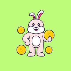 Cute rabbit holding coin. Animal cartoon concept isolated. Can used for t-shirt, greeting card, invitation card or mascot. Flat Cartoon Style