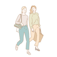 Fototapeta na wymiar Two women are walking and talking. hand drawn style vector design illustrations.