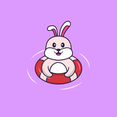 Cute rabbit is Swimming with a buoy. Animal cartoon concept isolated. Can used for t-shirt, greeting card, invitation card or mascot. Flat Cartoon Style