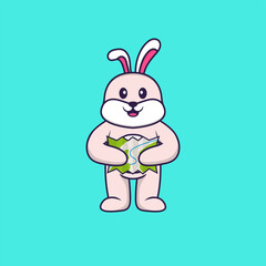 Cute rabbit holding a map. Animal cartoon concept isolated. Can used for t-shirt, greeting card, invitation card or mascot. Flat Cartoon Style