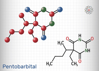 Pentobarbital, pentobarbitone molecule. It is sedative, hypnotic agent. Is used for the treatment of short term insomnia. Sheet of paper in a cage