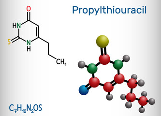 Propylthiouracil, PTU molecule. It is thiourea derivative with antithyroid property, used to treat hyperthyroidism. Structural chemical formula and molecule model