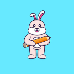 Cute rabbit holding a pencil. Animal cartoon concept isolated. Can used for t-shirt, greeting card, invitation card or mascot. Flat Cartoon Style