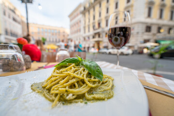 Spagetti with pesto - dining in Rome, Italy 