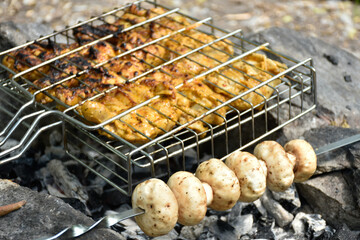 Chicken barbecue and mushrooms on a skewer.