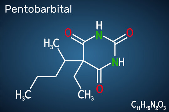 Pentobarbital, pentobarbitone molecule. It is sedative, hypnotic agent. Is used for the treatment of short term insomnia. Structural chemical formula on the dark blue background