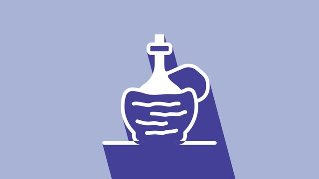 White Wine in italian fiasco bottle icon isolated on purple background. Wine bottle in a rattan stand. 4K Video motion graphic animation