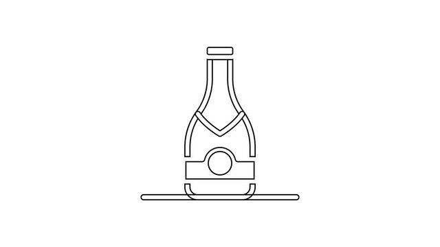 Black line Champagne bottle icon isolated on white background. 4K Video motion graphic animation