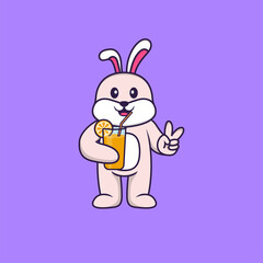 Cute rabbit holding orange juice in glass. Animal cartoon concept isolated. Can used for t-shirt, greeting card, invitation card or mascot. Flat Cartoon Style