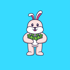 Cute rabbit holding money. Animal cartoon concept isolated. Can used for t-shirt, greeting card, invitation card or mascot. Flat Cartoon Style