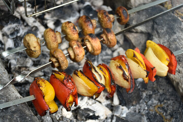Grilled mushrooms, bell peppers and onions with golden crust.