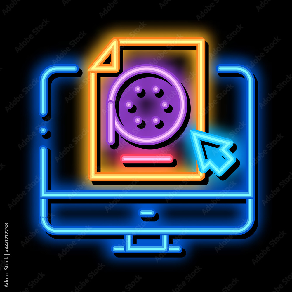 Poster selection of video document on computer neon light sign vector. glowing bright icon selection of vid