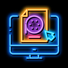 selection of video document on computer neon light sign vector. Glowing bright icon selection of video document on computer sign. transparent symbol illustration