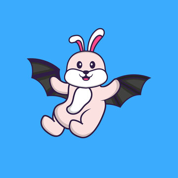 Cute rabbit is flying with wings. Animal cartoon concept isolated. Can used for t-shirt, greeting card, invitation card or mascot. Flat Cartoon Style