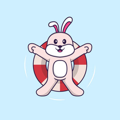 Cute rabbit is Swimming with a buoy. Animal cartoon concept isolated. Can used for t-shirt, greeting card, invitation card or mascot. Flat Cartoon Style