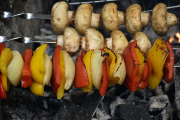Grilled mushrooms, bell peppers and onions cooking on fire. 