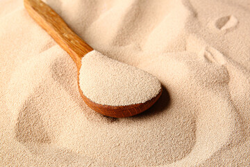 Organic active dry yeast and wooden spoon, closeup