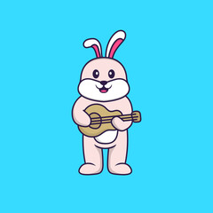 Cute rabbit playing guitar. Animal cartoon concept isolated. Can used for t-shirt, greeting card, invitation card or mascot. Flat Cartoon Style