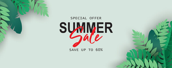 Summer sale banner with tropical leaf theme