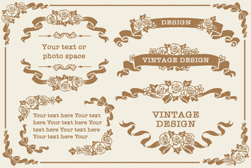 アンティークなお花とリボンの装飾フレーム、飾り罫、オーナメントのベクターセット。