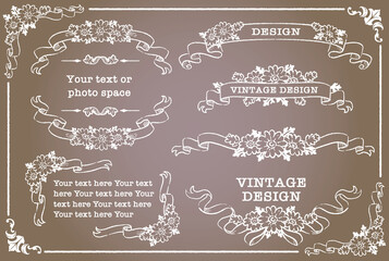 アンティークなお花とリボンの装飾フレーム、飾り罫、オーナメントのベクターセット