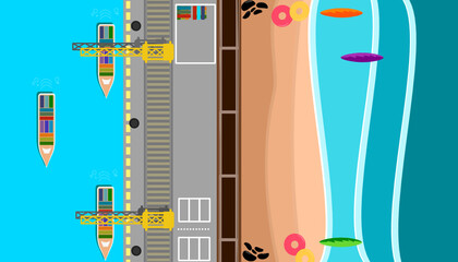container loading and unloading port and clean and beautiful beach scenery top view vector illustration design