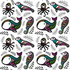 Vector colorful seamless pattern. Dia de los Muertos, Day of the dead or Halloween concept. Sea horse, octopus, whale and seal. Sea dwellers skeletons, with leaves, isolated on white background