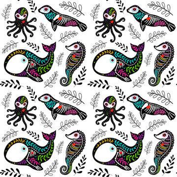 Vector colorful seamless pattern. Dia de los Muertos, Day of the dead or Halloween concept. Sea horse, octopus, whale and seal. Sea dwellers skeletons, with leaves, isolated on white background