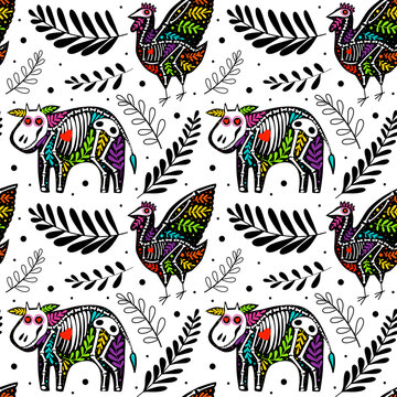 Vector colorful seamless pattern. Dia de los Muertos, Day of the dead or Halloween concept. Cow and chicken. Farm animals skeletons, with leaves, isolated on white background