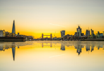 London skyline at sunset including Tower Bridge 