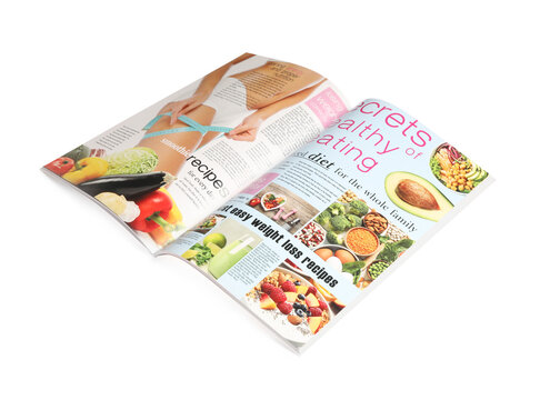 Modern printed healthy food magazine isolated on white