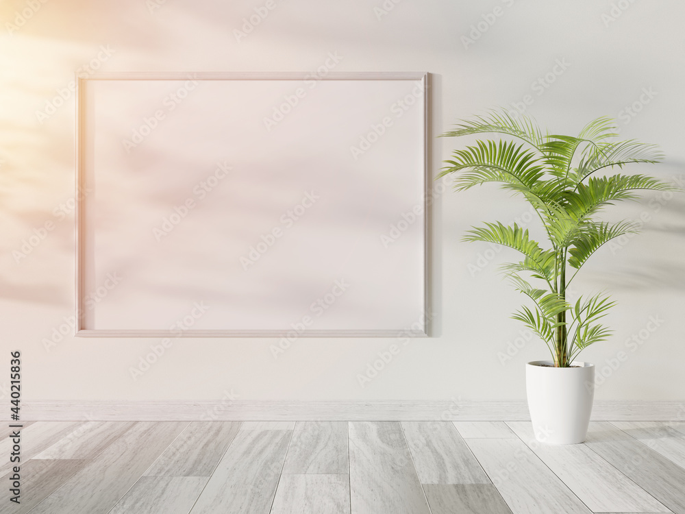 Poster white frame hanging in bright interior mockup. template of a picture framed on a wall 3d rendering